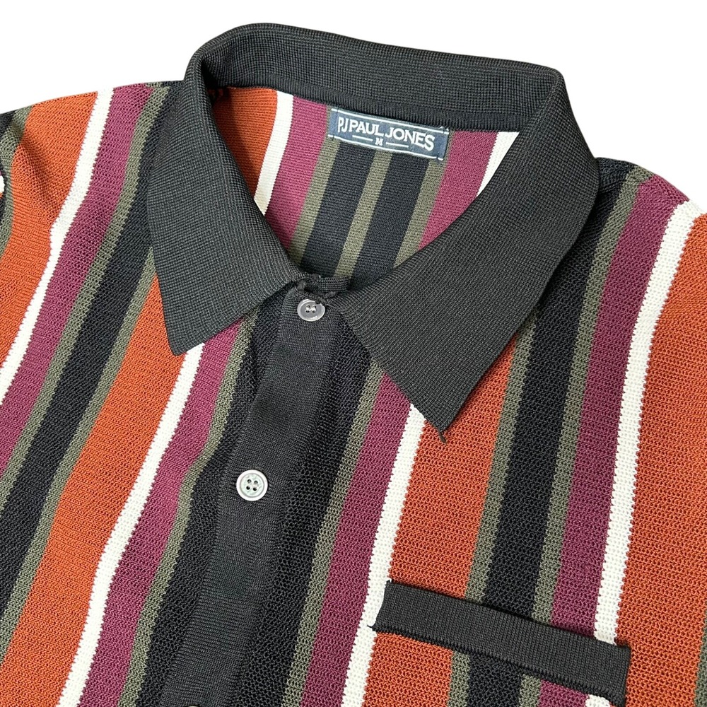 PJ Paul Jones Knit Cardigan M Brown Retro Stripe Collared Short Sleeve Sweater